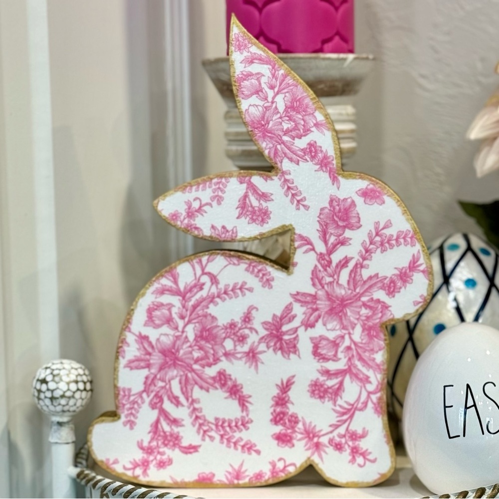 Hand Crafted Pink Toile Easter Bunny Rabbit